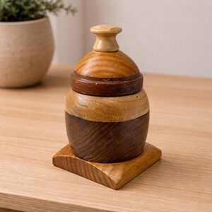 Vintage Wooden Trinket Box Round Lid Square Base Rustic Decor